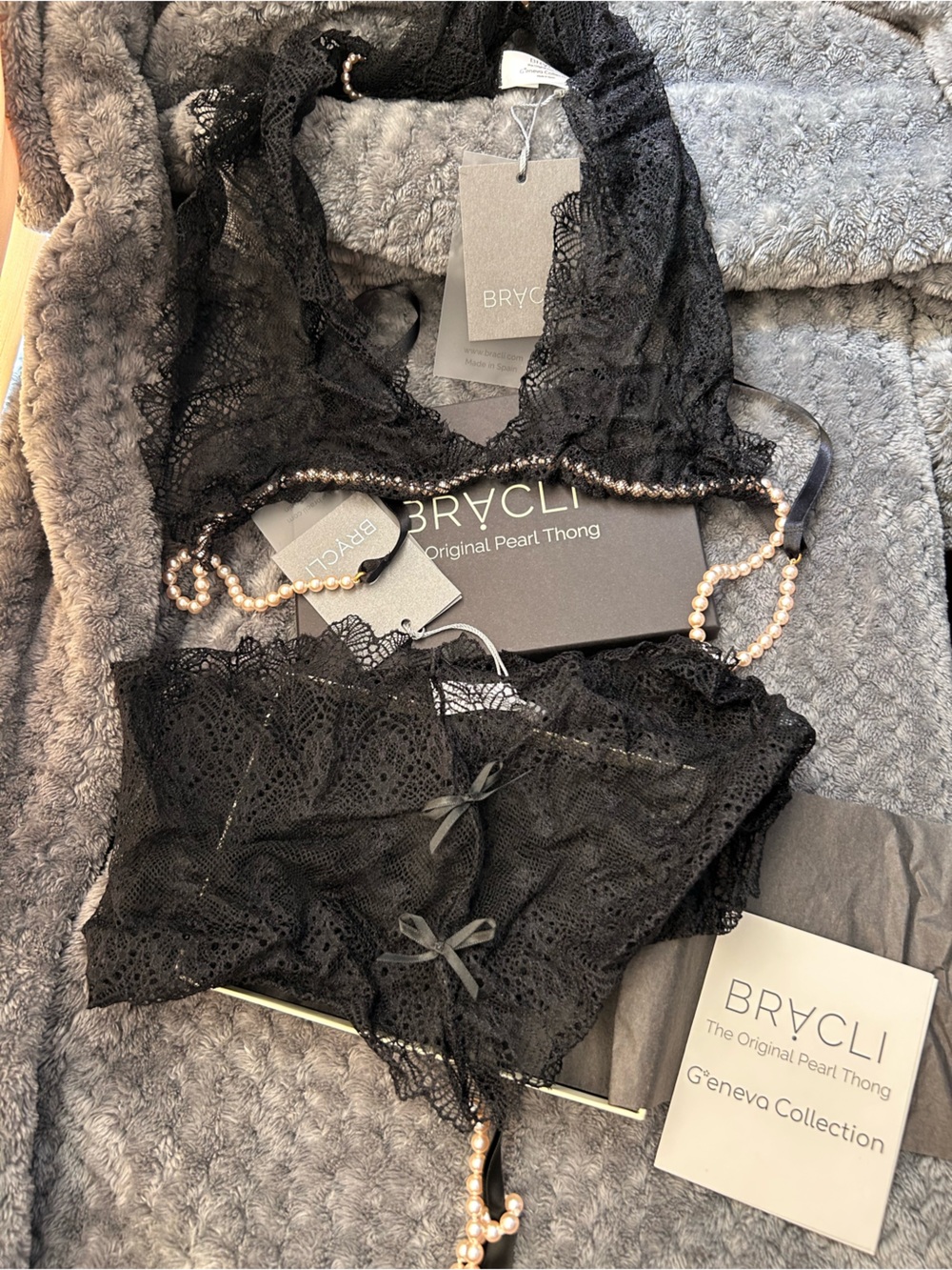 Geneva Black Lace Bralette & Pearl-Trim Thong Set